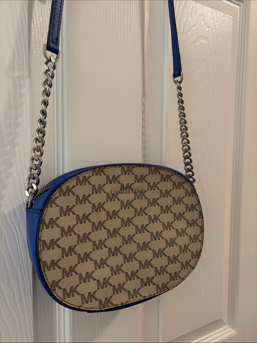Michael Kors Tan MK Logo Crossbody with Blue Trim